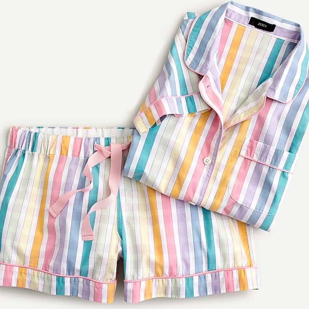 J. Crew Cotton Poplin Pajama Short Set Rainbow Gingham Women's L Large